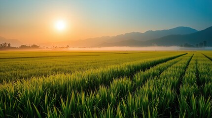 Serene rice paddy field landscape at sunrise with distant mountains view