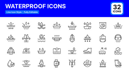 Waterproof Icons Set. Vector Line Icons of Water Protection, Jacket, Watch, Rainwear, Seal, Outdoor Gear, Coating, Droplets. Fully Editable and Scalable Design for Web, Mobile Apps, and Print.