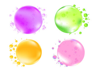 Cute 3D clear cosmetic bubbles or molecules icon set, pink, purple, yellow, green vector cosmetology droplet isolated elements. Beauty serum skin care hydro gel, moisture anti age cream