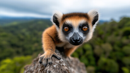 Fototapeta premium A lemur standing on a rock, with a panoramic view of the forest