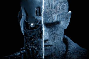 Futuristic portrait split between a robotic skull and a human face overlaid with circuitry, glowing with artificial vision.