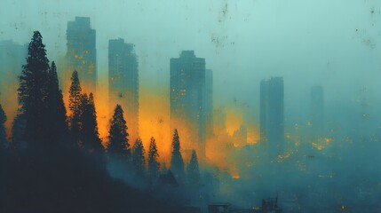 Fototapeta premium Radiant Skyscraper Emerges Through Orange Morning Haze – Immersive Cityscape Visual for Digital Wellness and Metaverse Branding