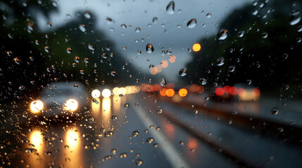 Naklejka premium Headlights Cutting Through Fog and Raindrops on Windshield in a Gloomy Rainy Weather Scenario
