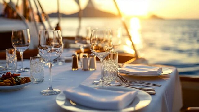 Golden hour yacht dining scene with white linen tablecloth, crystal glassware, and gourmet dishes gently reflecting sunset light