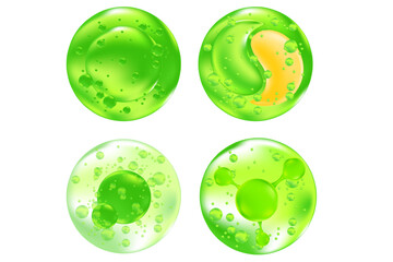 Green eco cosmetic molecules icon set, clear aloe vera gel, vector cosmetology ingredient isolated elements. Beauty serum skin care hydro gel, moisture anti age cream