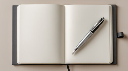 Minimalistic journal opened to a blank spread with a sleek silver fountain pen, perfect for writing or journaling visuals.