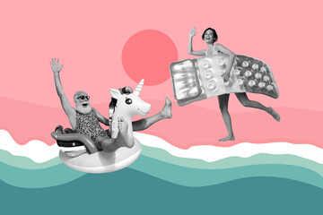 Composite sketch image design trend artwork collage of relax outdoors sea vacation trip young lady hold mattress aged man sit float ring