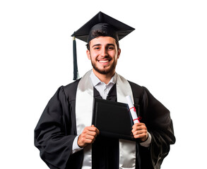 A confident male graduate student wearing a cap and gown holding diploma isolated on transparent background