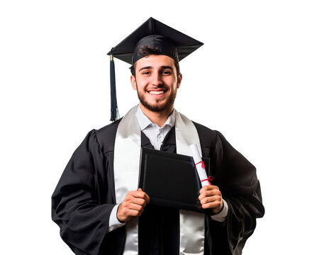 A confident male graduate student wearing a cap and gown holding diploma isolated on transparent background