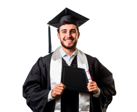 A confident male graduate student wearing a cap and gown holding diploma isolated on transparent background