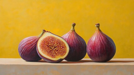 Obraz premium Three Ripe Figs, One Sliced Open to Reveal the Seeds, on Yellow Background, Still Life
