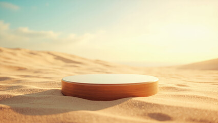 A wooden product display podium in a desert landscape illuminated by sunlight