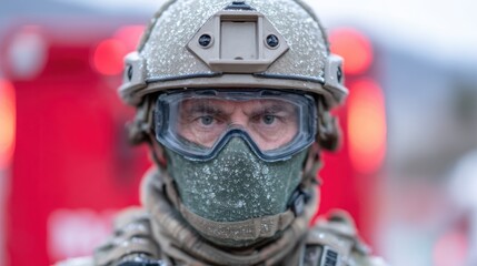 Fototapeta premium First responders in cold weather gear provide assistance during a rescue operation in a challenging environment. Bioterrorism / Disaster Education and Awareness Month