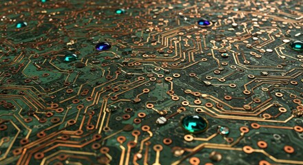 Fototapeta premium Detailed circuit board texture with embedded gems.