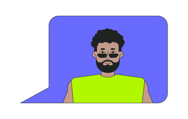 Beard black man avatar with sunglasses inside speech bubble 2D cartoon character. Internet profile. Social media. Online communication flat vector person isolated on white. Spot illustration colorful