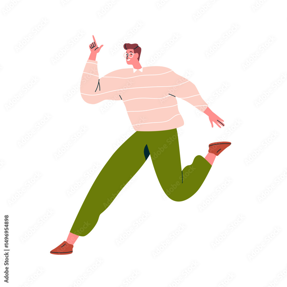 Poster man running and pointing up with finger. energetic excited inspired happy male jumping, smiling with