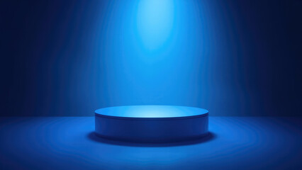 Empty blue product podium illuminated with spotlight for product presentation and promotion