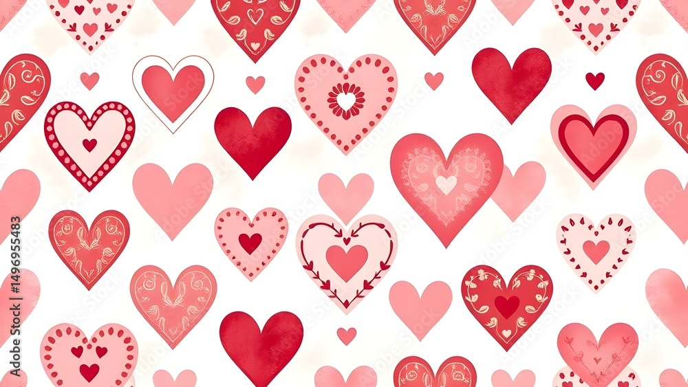 Aufkleber seamless background with hearts | a repeating pattern of various shades of pink and red hearts on a 