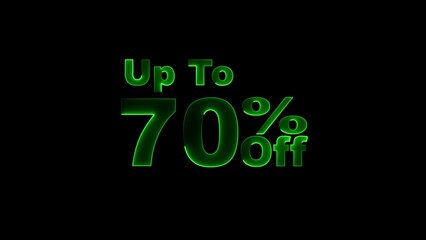 up to 70% neon text illustration on black background.