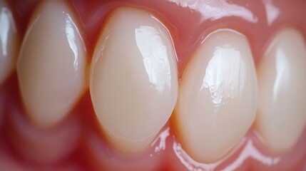 A dentist is cleaning or polishing teeth up close. This shows dental work, like cleaning and whitening teeth.
