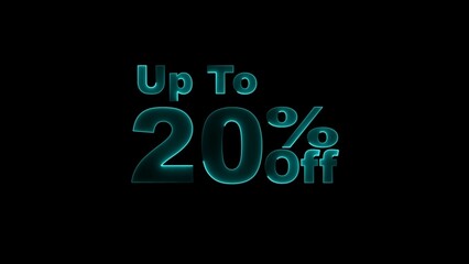 up to 20% neon text illustration on black background.