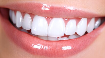 A dentist is cleaning or polishing teeth up close. This shows dental work, like cleaning and whitening teeth.

