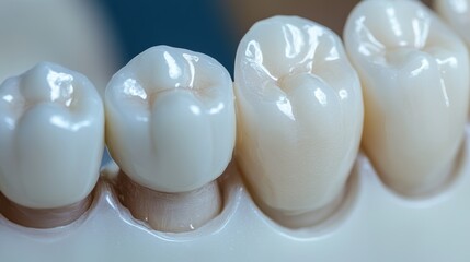 A dentist is cleaning or polishing teeth up close. This shows dental work, like cleaning and whitening teeth.
