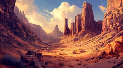 A desert scene with red rock canyons. It shows the beautiful, rocky landscape.
