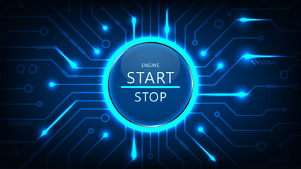 Technology abstract High-tech start button connection system line circuit board with dark blue background