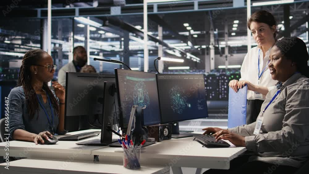 Poster happy data center manager pleased by work done by team integrating ai automation tools in infrastruc