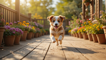 Playful puppy running on flower-decorated wooden garden deck in warm sunlight, photorealistic outdoor scene capturing cheerful energy and vibrant natural color