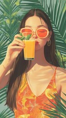 Woman holding glass of orange beverage in tropical summer setting