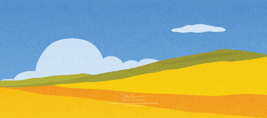 Obraz premium Abstract autumn landscape background vector. Panorama view wallpaper in minimal design with mountain, sky, field. Illustration for print, interior, wall art, decoration, cover, banner.