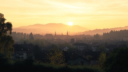 A pretty mountain view with the city of D&uuml;bendorf in the distance. The photo was taken on a spring morning in Zurich, Switzerland on May 17, 2025.
