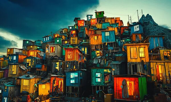 Colorful shantytown on a hillside at dusk, showcasing vibrant homes and dramatic sky