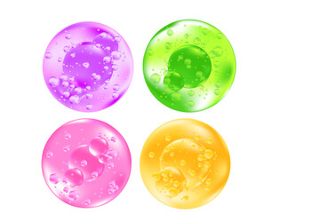 Cute 3D clear cosmetic bubbles or molecules icon set, pink, purple, yellow, green vector cosmetology droplet isolated elements. Beauty serum skin care hydro gel, moisture anti age cream