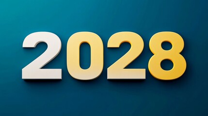 New Year 2028 Bold White and Yellow Numbers on an Electric Blue Background, 3D Render