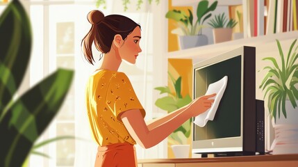 A young woman is cleaning her house. She's dusting the TV with a cloth as part of her housework.
