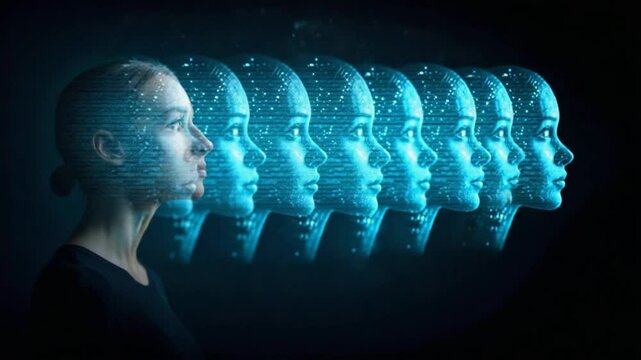 One woman shown as three clones with code data over faces showing visual duplication monitored by deepfake detectors, deepware scanner, sensity ai - Powered by Adobe