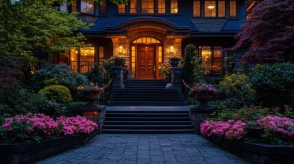 Fototapeta premium Fancy house entrance with pretty spring flowers at night in Vancouver, Canada. April 2025. 