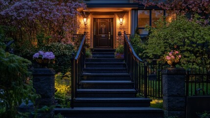 Fancy house entrance with pretty spring flowers at night in Vancouver, Canada. April 2025.
