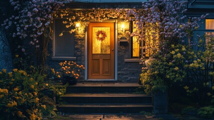 Fancy house entrance with pretty spring flowers at night in Vancouver, Canada. April 2025.
