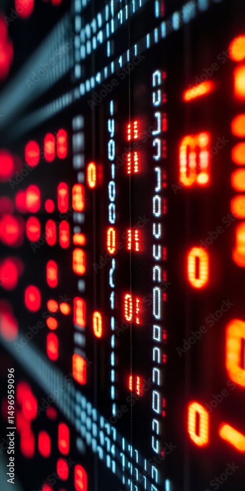 Poster red digital binary data stream on dark background, programming code on computer screen