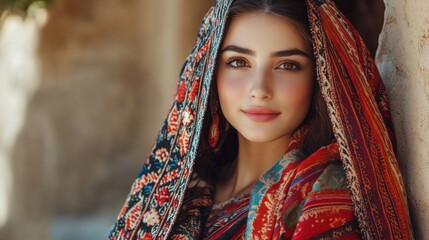 Portrait of an Indian woman wearing colorful patterned headscarf looking at camera