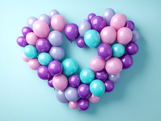 Multicolored Balloon Love Heart Pink, Violet and Turquoise Balloons arranged in a heart shape 3D Render