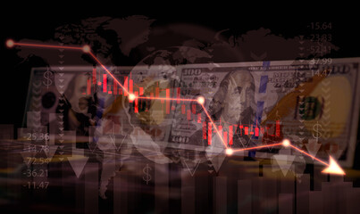 Recession and crisis concept: Banknotes with downward arrows and graphs represent the decline of the global economy, markets, or wealth