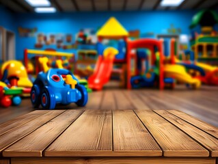 Wooden Table Top with Blurred Children's Playroom Background