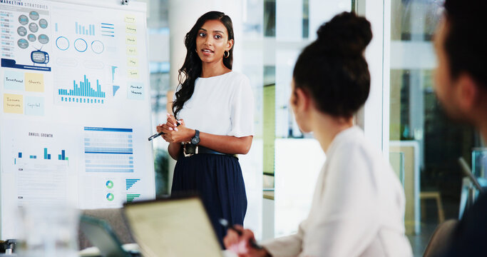 Business, data and people with discussion in presentation for finance forecasting, investment shares or market trends. Financial analyst, speaker and stats report for timeline review and performance