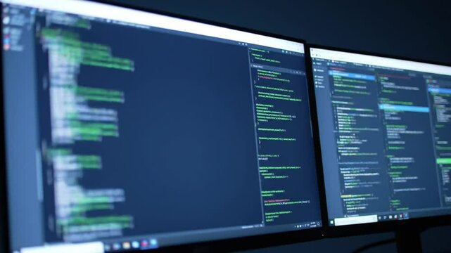 Telephoto static view of several monitors showing live code updates in a dimly lit environment.