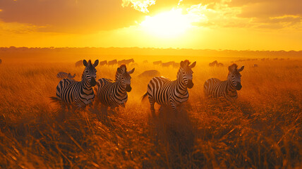 Obraz premium African zebras at sunset in the savanna